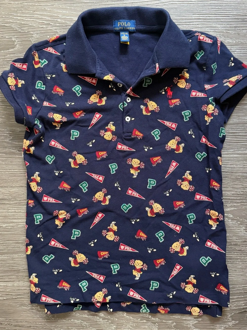 Ralph Lauren Navy Kids Polo with Cheer Bear and Pennant Print